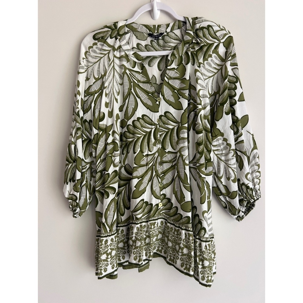 Mille Gabrielle Unique Spectrum Olive Green White Palm Leaf Tunic 1X Boho Top